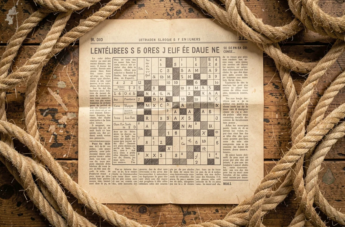 Vue aérienne d'une grille de mots croisés entourée de cordages en fibres naturelles, évoquant la thématique des cordages à 6 lettres dans les jeux de mots