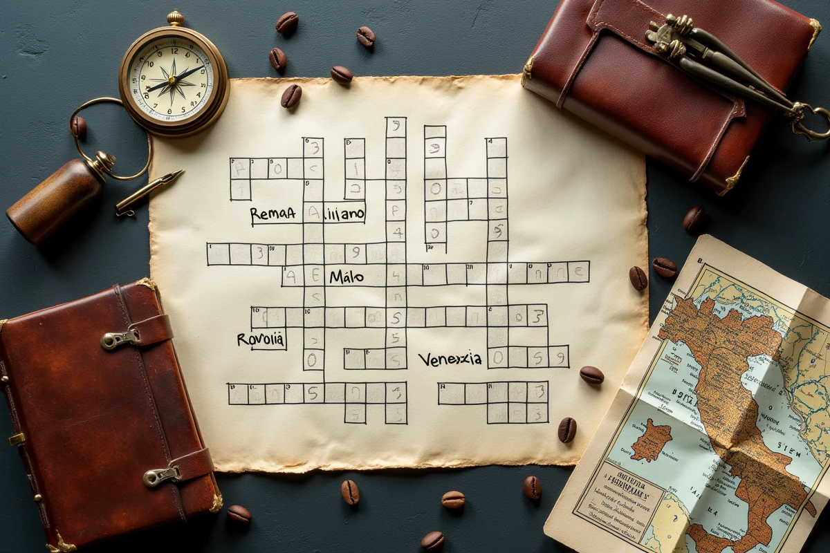 Vue aérienne d'une grille de mots fléchés complétée avec des noms de villes italiennes entourée d'objets de voyage italiens