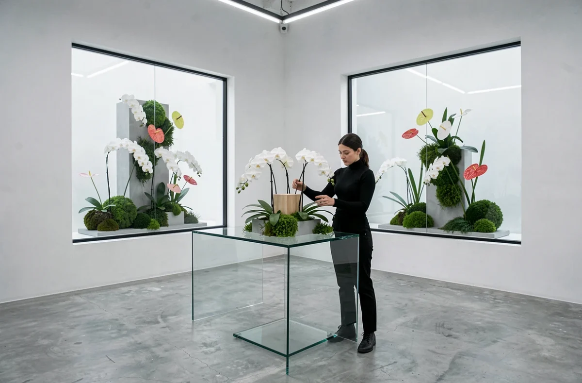 Le studio floral contemporain de Florissim avec des installations géométriques d'orchidées et d'anthuriums présentées sur des piédestaux en verre
