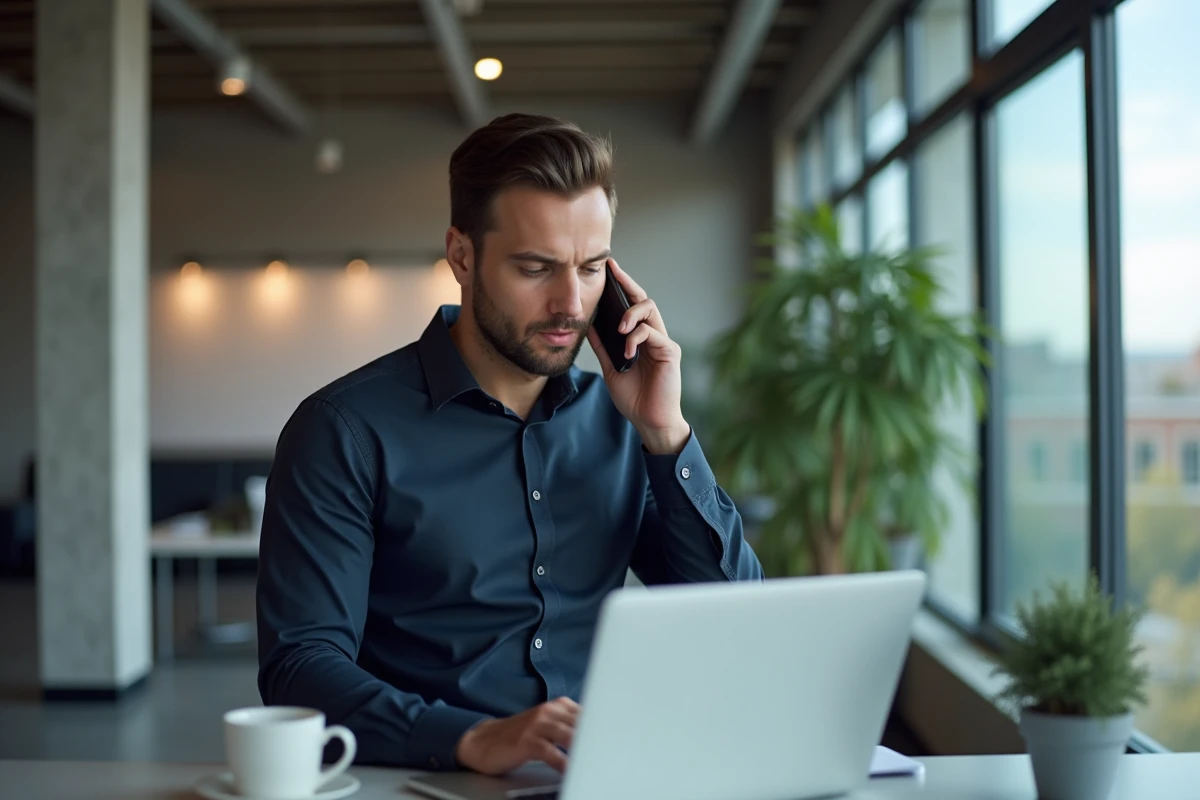Homme d'affaires comparant des forfaits téléphoniques illimités Belgique France dans un bureau moderne à Bruxelles