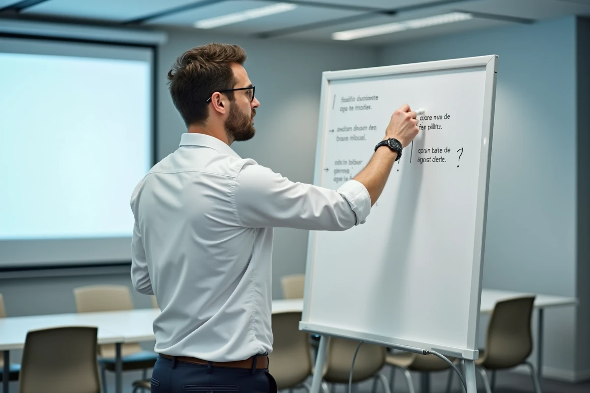 Formateur expliquant des pièges orthographiques du français sur un tableau blanc en salle de formation