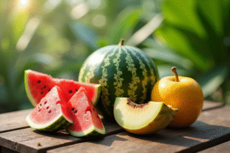 Fruits tropicaux frais sur une table en bois rustique