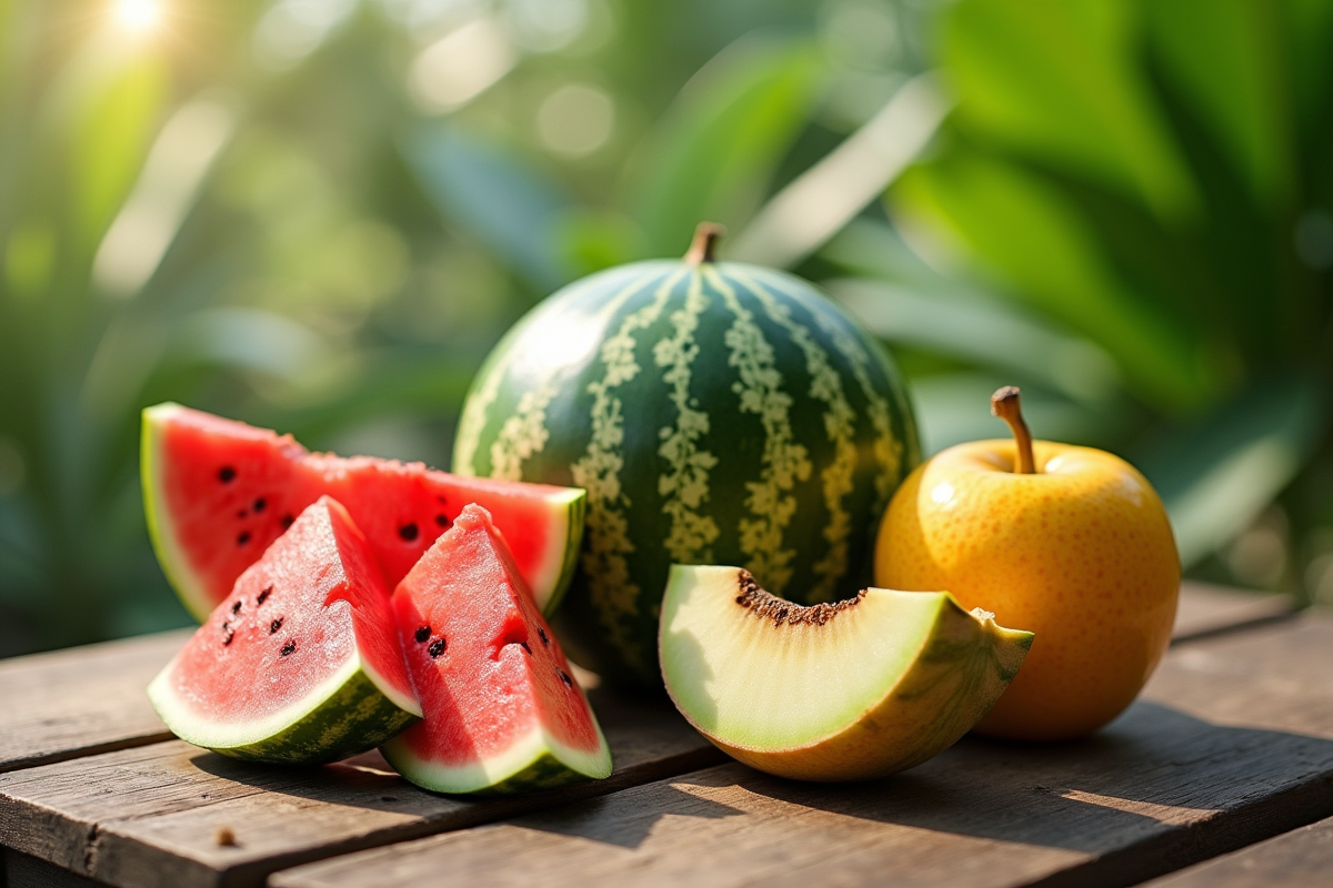Fruits tropicaux frais sur une table en bois rustique