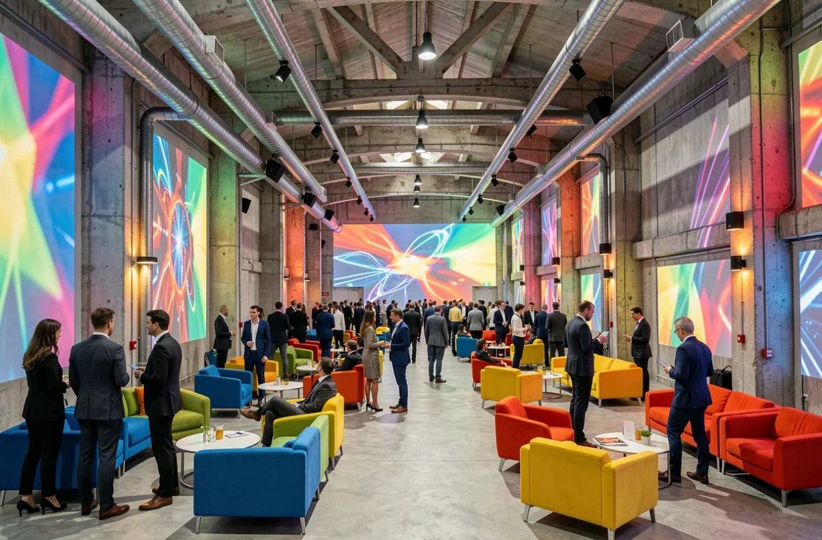 Salle de la Gaîté Lyrique à Paris avec béton brut, projections numériques colorées sur les murs et mobilier moderne pour un événement d'entreprise