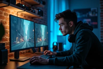 Gamer sceptique devant ses écrans scrutant les rumeurs sur la date de sortie de GTA 6