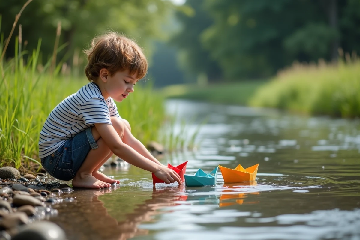 Garçon jouant avec des bateaux en papier sur la rivière