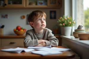 Jeune garçon pensif à la maison avec devoirs