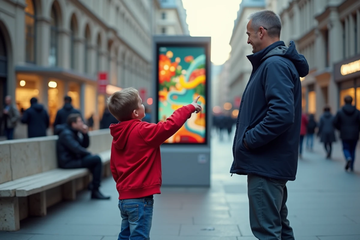 Garçon pointant un écran de jeu Snake en extérieur avec son père