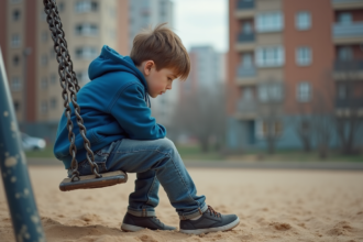Garçon seul sur la balançoire dans un parc urbain