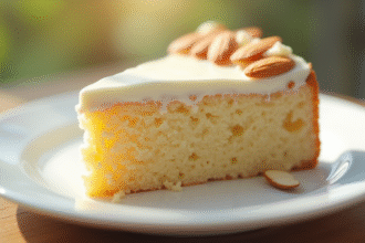Gâteau aux amandes tranché sur une assiette blanche avec crème brillante
