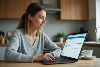 Femme gérant son compte énergie Cdiscount sur un ordinateur portable dans une cuisine moderne
