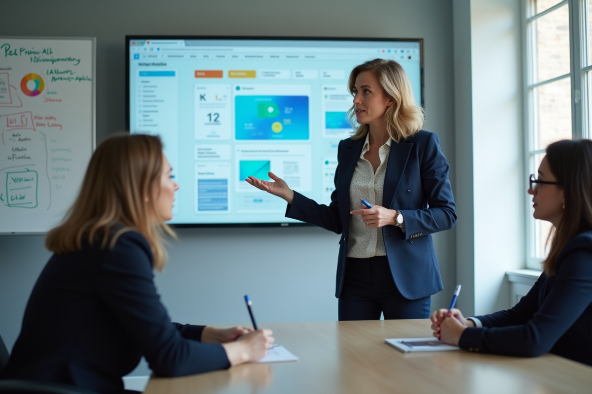 Chef de projet en conference avec tableau blanc et ecran interactif