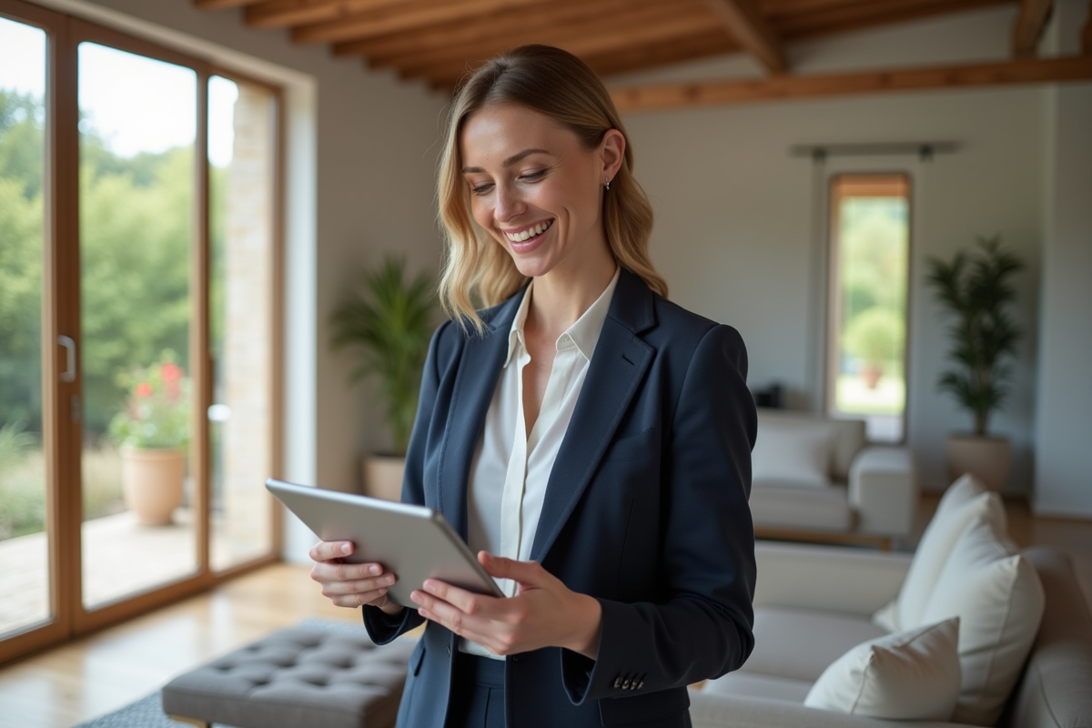 Femme gestionnaire examine un plan dans salon moderne en France