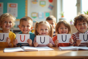 Groupe d'enfants souriants dans une classe lumineuse avec noms en U