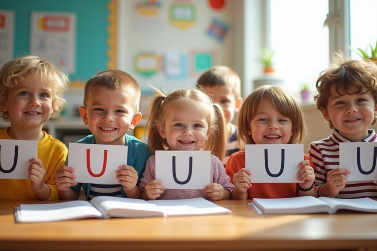 Groupe d'enfants souriants dans une classe lumineuse avec noms en U