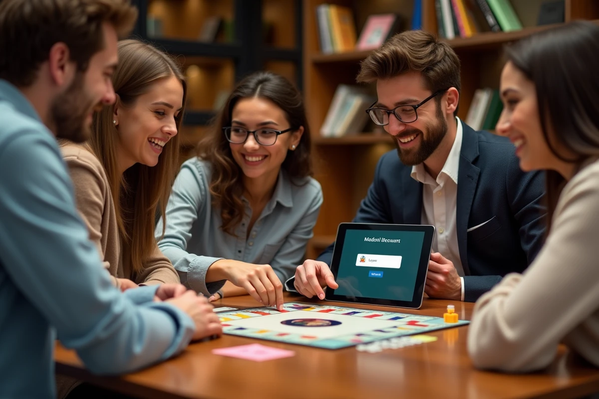 Groupe de quatre adultes jouant à Monopoly Go dans un salon moderne