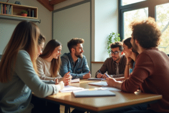 Groupe de jeunes en discussion dans une salle lumineuse