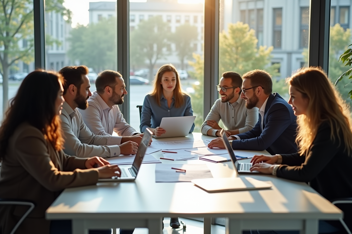 Groupe divers de professionnels en réunion de travail