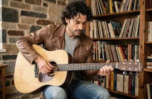 Guitariste acoustique apprenant les accords de L'Encre de tes yeux de Francis Cabrel dans un salon rustique