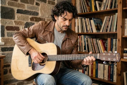Guitariste acoustique apprenant les accords de L'Encre de tes yeux de Francis Cabrel dans un salon rustique