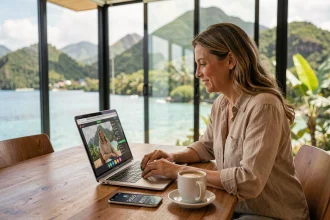 Femme en Nouvelle-Calédonie suivant un événement en direct depuis la métropole sur son ordinateur portable avec une application d'horloge mondiale