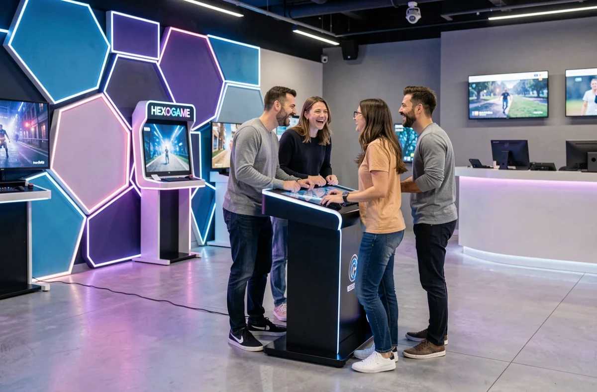 Hexogame, salle de jeux immersifs avec stations hexagonales et groupe d'adultes jouant dans une ambiance futuriste colorée