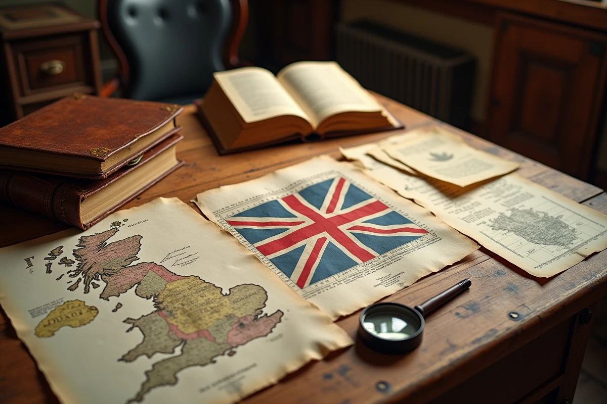 Documents historiques et cartes illustrant l'évolution du drapeau du Royaume-Uni sur un bureau d'historien