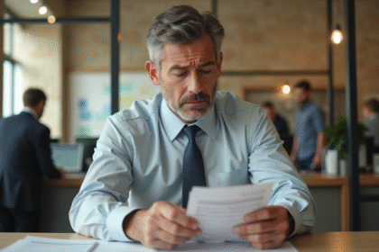 Homme d'affaires inquiet vérifiant un relevé bancaire