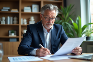 Homme d'affaires en costume bleu dans un bureau moderne