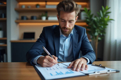 Jeune homme en costume analysant des graphiques ETF dans un bureau moderne