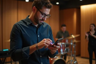 Homme en studio utilisant une application pour mesurer le decibel