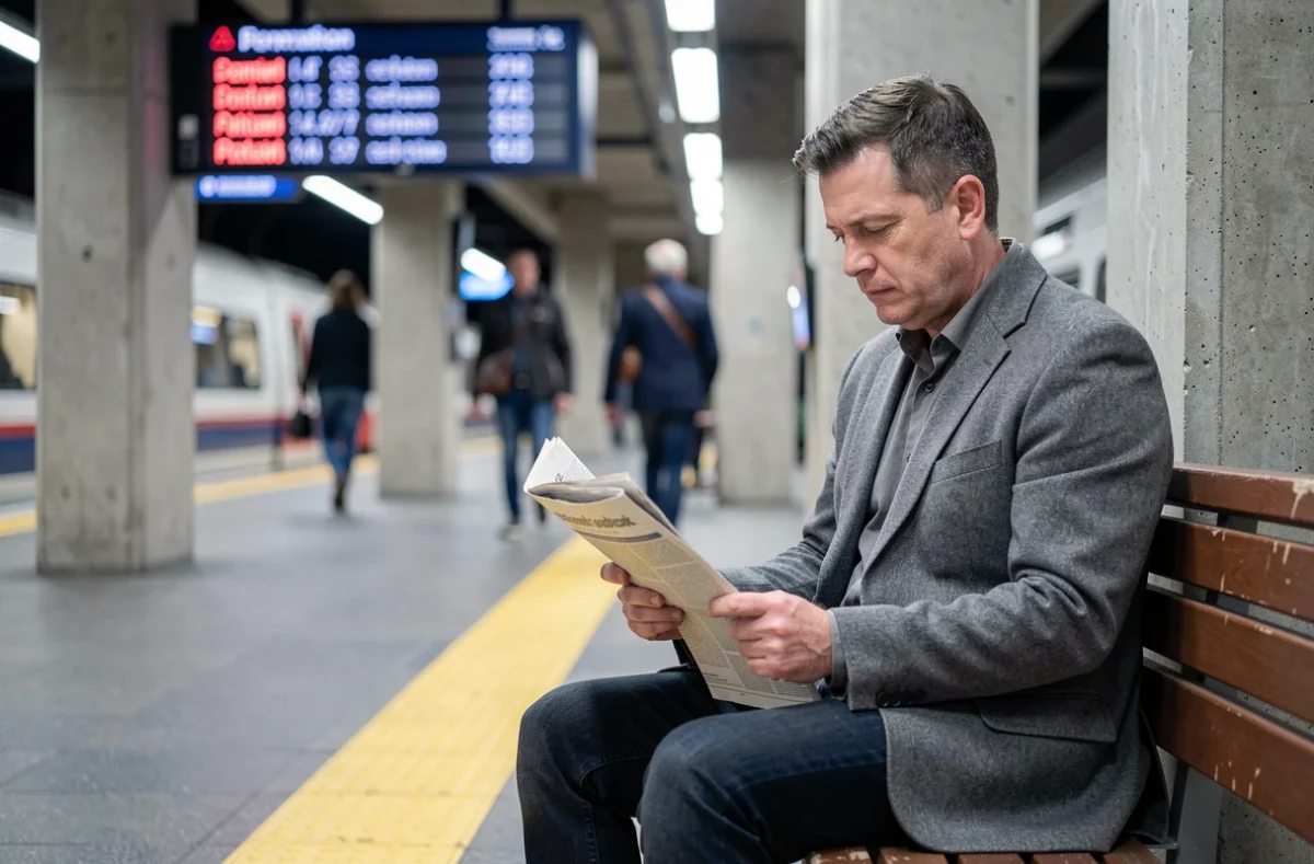 Homme assis sur un banc de station de métro parisien face à un panneau d'affichage indiquant des retards