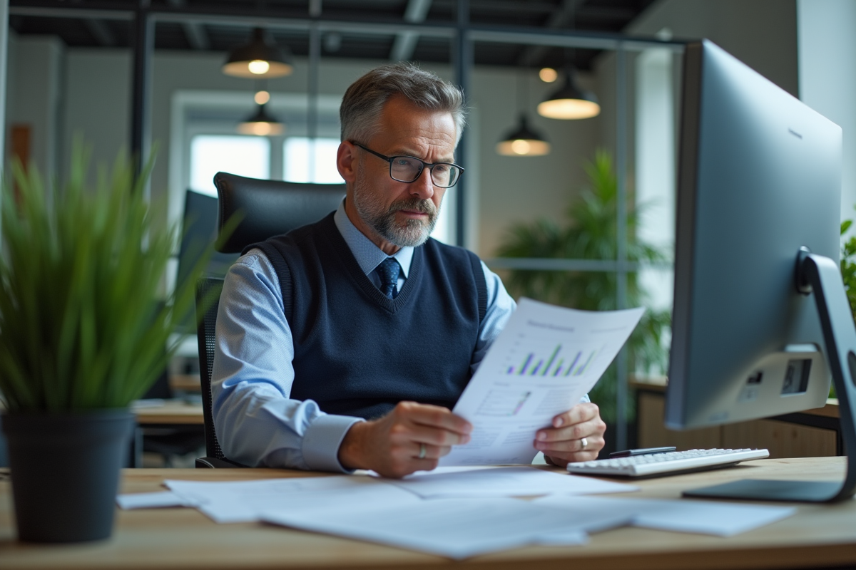 Homme d affaires analysant des documents financiers au bureau