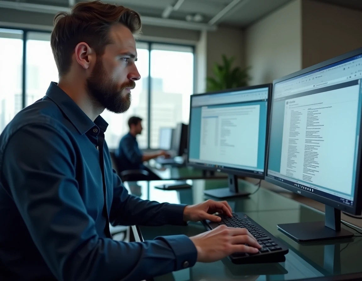 Homme en bureau moderne effectuant une recherche WHOIS pour retrouver la source d'un site web inaccessible