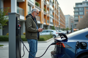 Homme en extérieur charge une voiture électrique dans une ville
