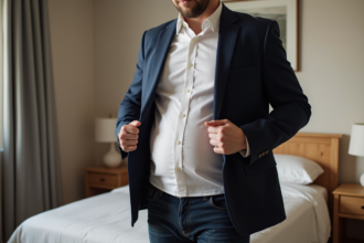 Homme en blazer navy et chemise blanche dans une chambre chaleureuse