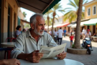 Homme comorien lisant un journal dans un café animé à Moroni