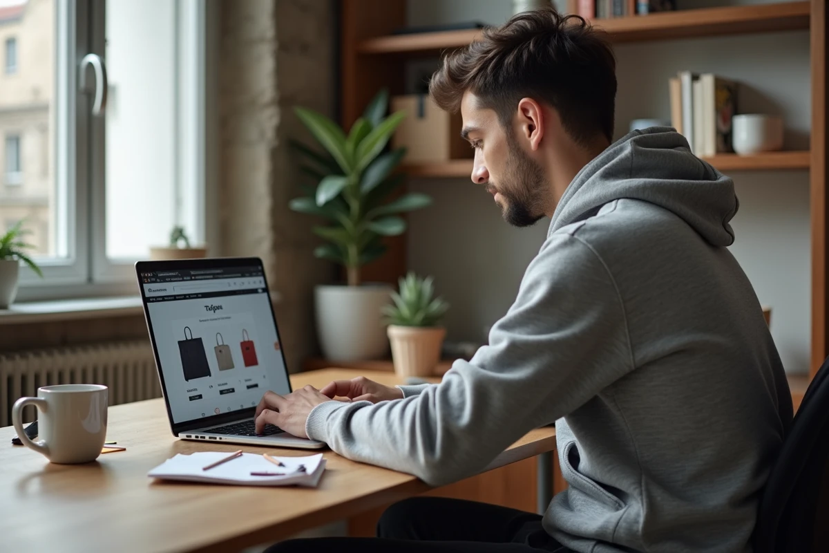 Homme faisant ses achats en ligne lors du Cyber Monday depuis son appartement parisien sur ordinateur portable