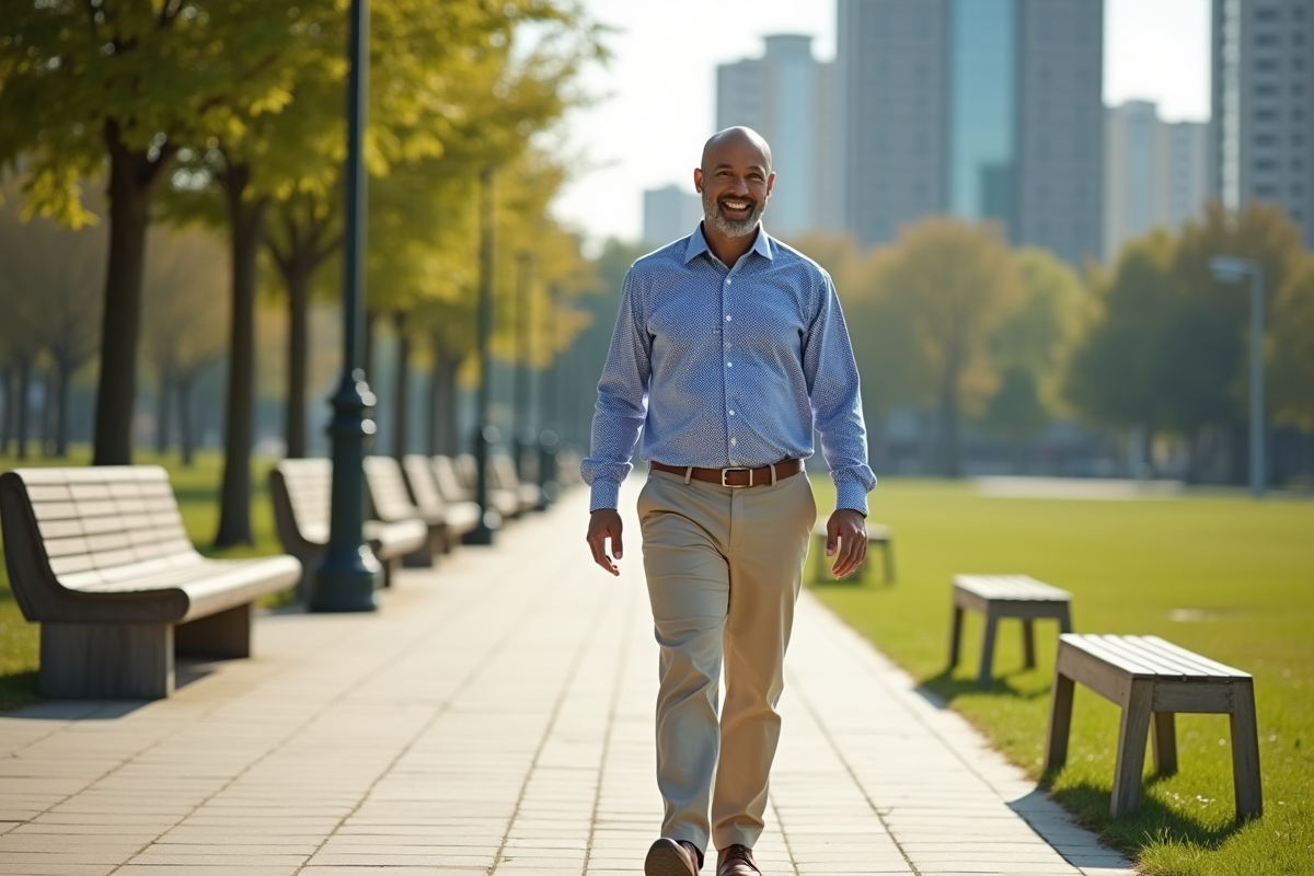 Homme souriant en tenue décontractée dans un parc urbain ensoleille