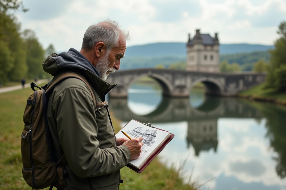 Homme en randonnée esquissant un pont ancien sur la Loire