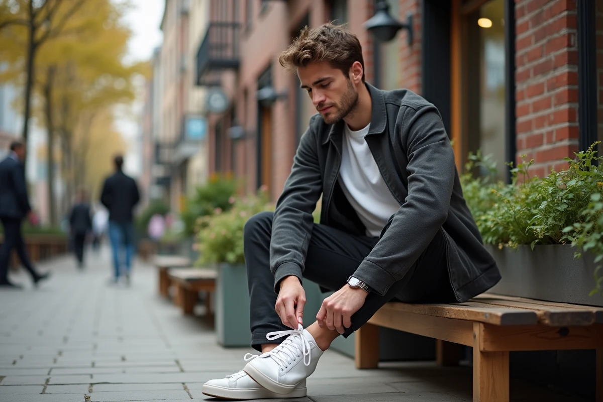 Homme en vêtements durables à la terrasse d’un café
