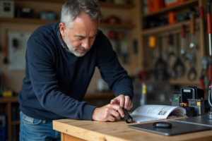 Homme vérifiant une batterie lithium dans un garage organisé