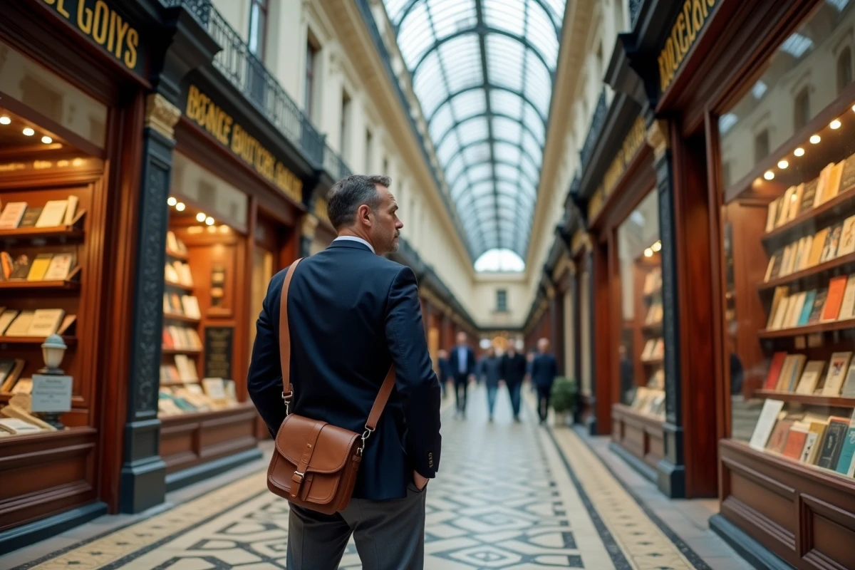 Homme explorant une librairie ancienne dans la galerie Vivienne lors d'un week-end culturel à Paris