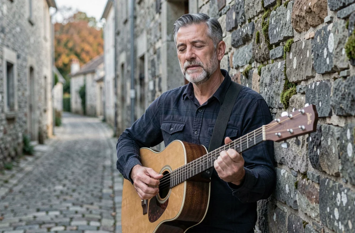 Homme jouant les accords de Cabrel à la guitare acoustique dans une ruelle en pierre d'un village français en automne