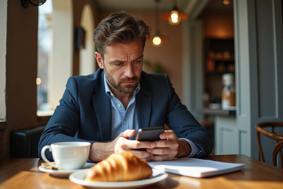 Homme anxieux lisant actualités financières sur son smartphone au café