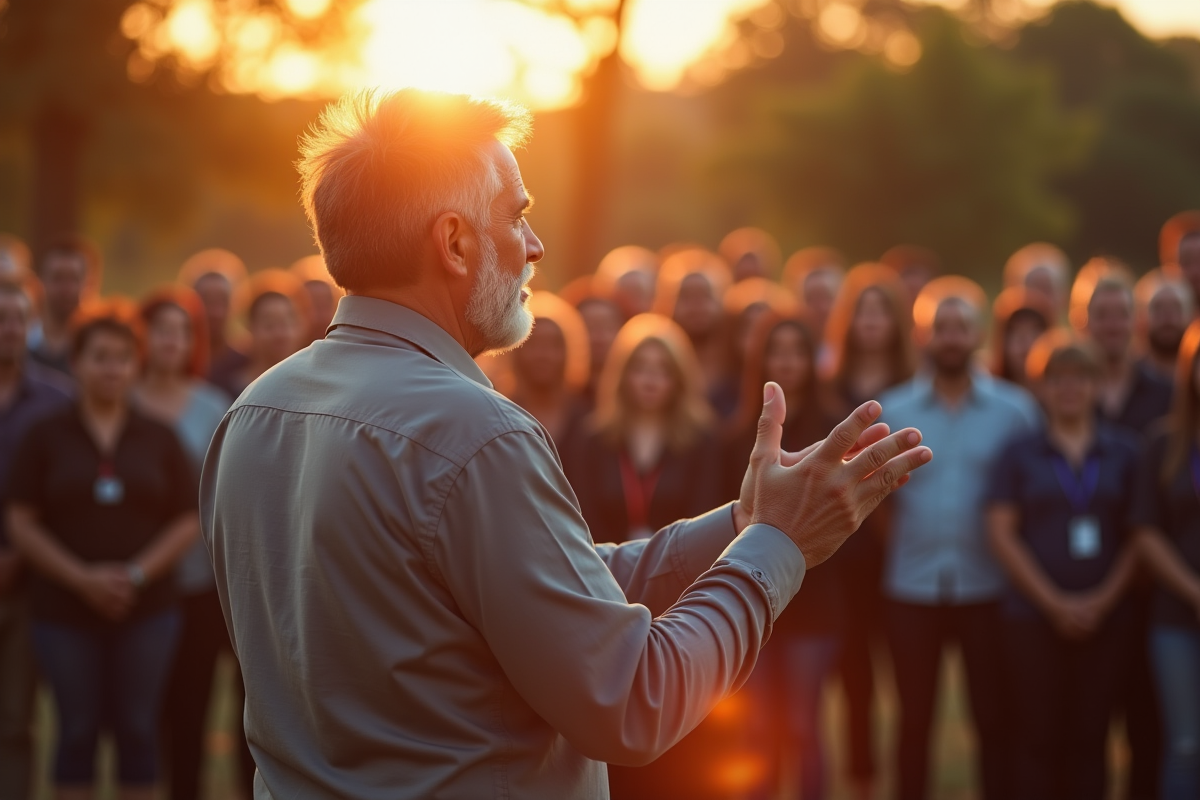 Homme inspirant parlant à un groupe en plein air