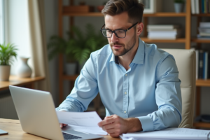 Homme d'âge moyen lisant des documents de construction à la maison