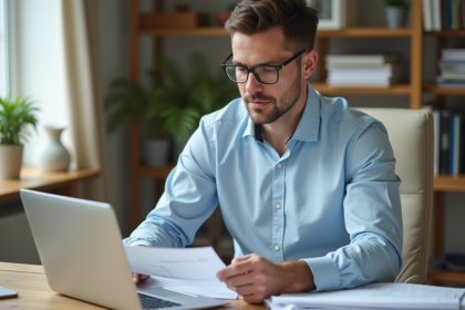 Homme d'âge moyen lisant des documents de construction à la maison