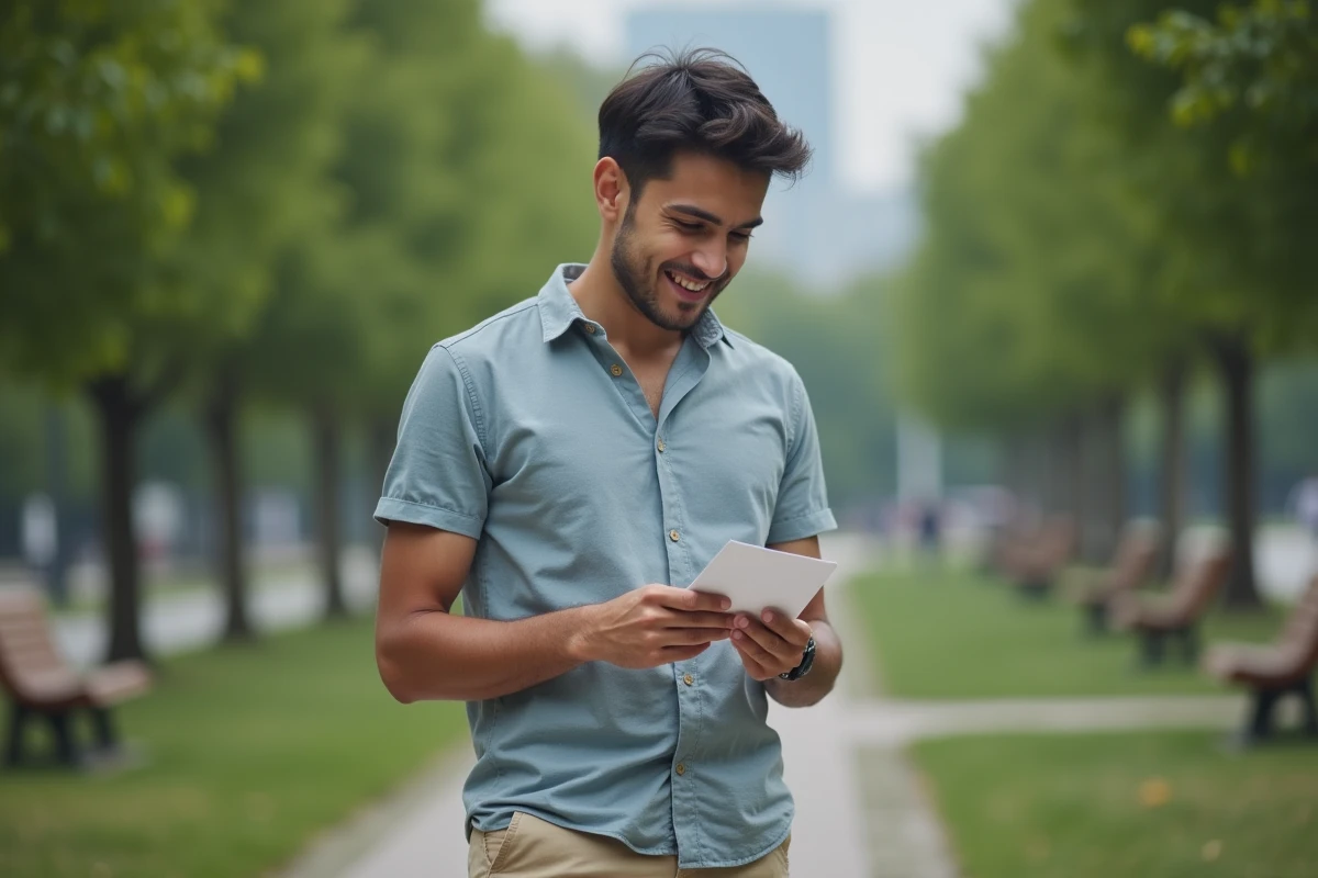 Jeune homme lisant une note dans un parc en pleine nature