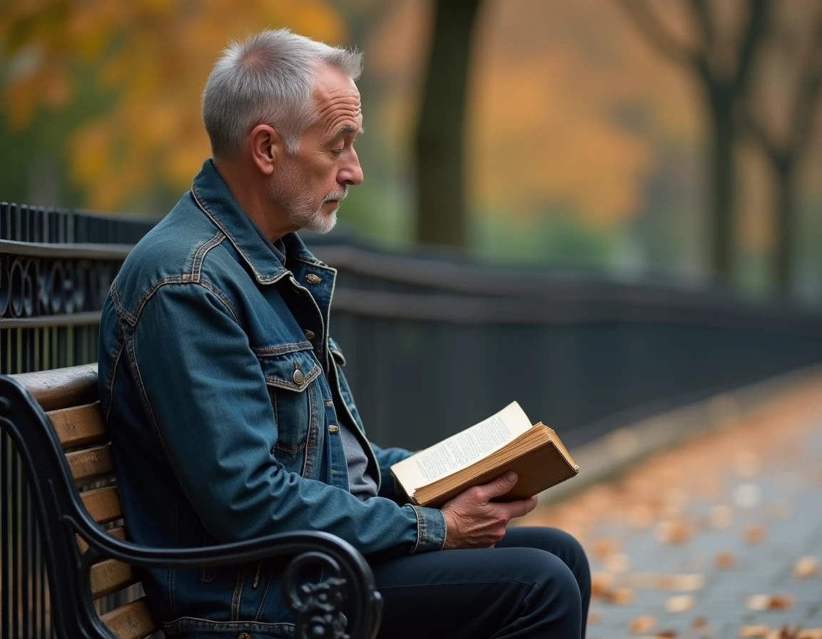 Homme d'âge mûr lisant des paroles de chanson sur un banc de parc parisien en automne, ambiance mélancolique et réfléchie